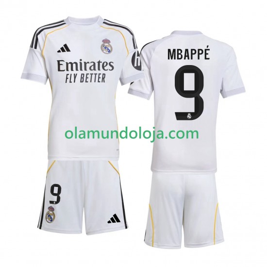 Camisola Real Madrid Mbappé Kylian 9 Criança Equipamento Primeiro 2025-2026 Manga Curta